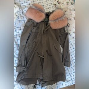 Mr & Mrs Italy Women’s Olive Green Parka Coat with Pink Fur Trim